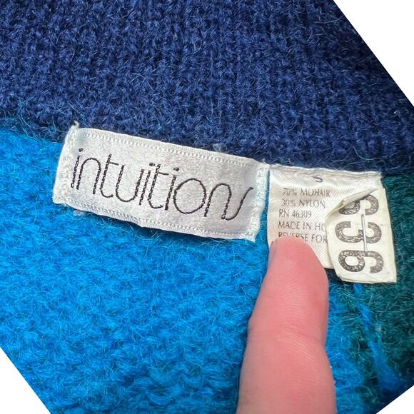 VINTAGE 90s Mohair Wool Sweater Collared Blue Monochrome Colorblock Size S - Picture 3 of 6